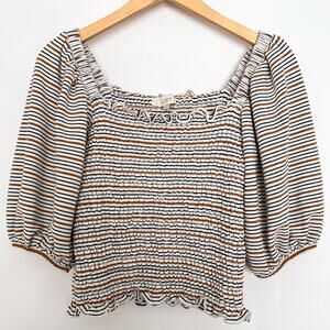 Loft Square Neck Smocked Top Puff Sleeves Ruffle Crop Size XS White Multi Stripe